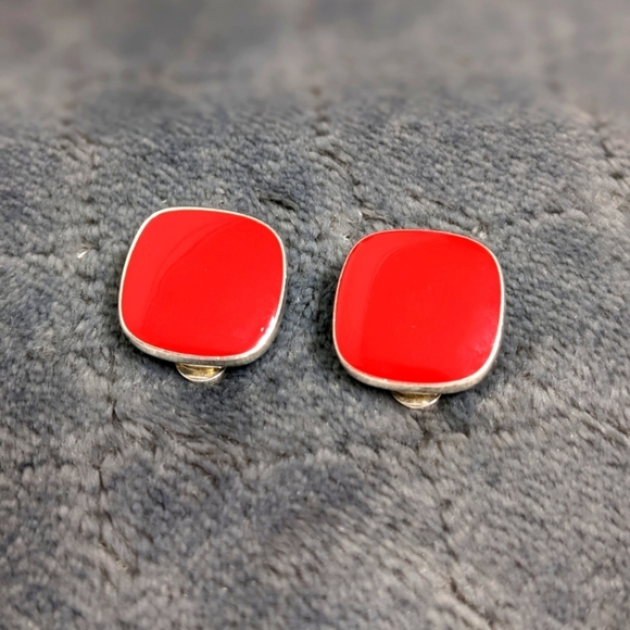 Vintage 80' Red Enamel and Silvertone Clip Earrings - Picture 1 of 7